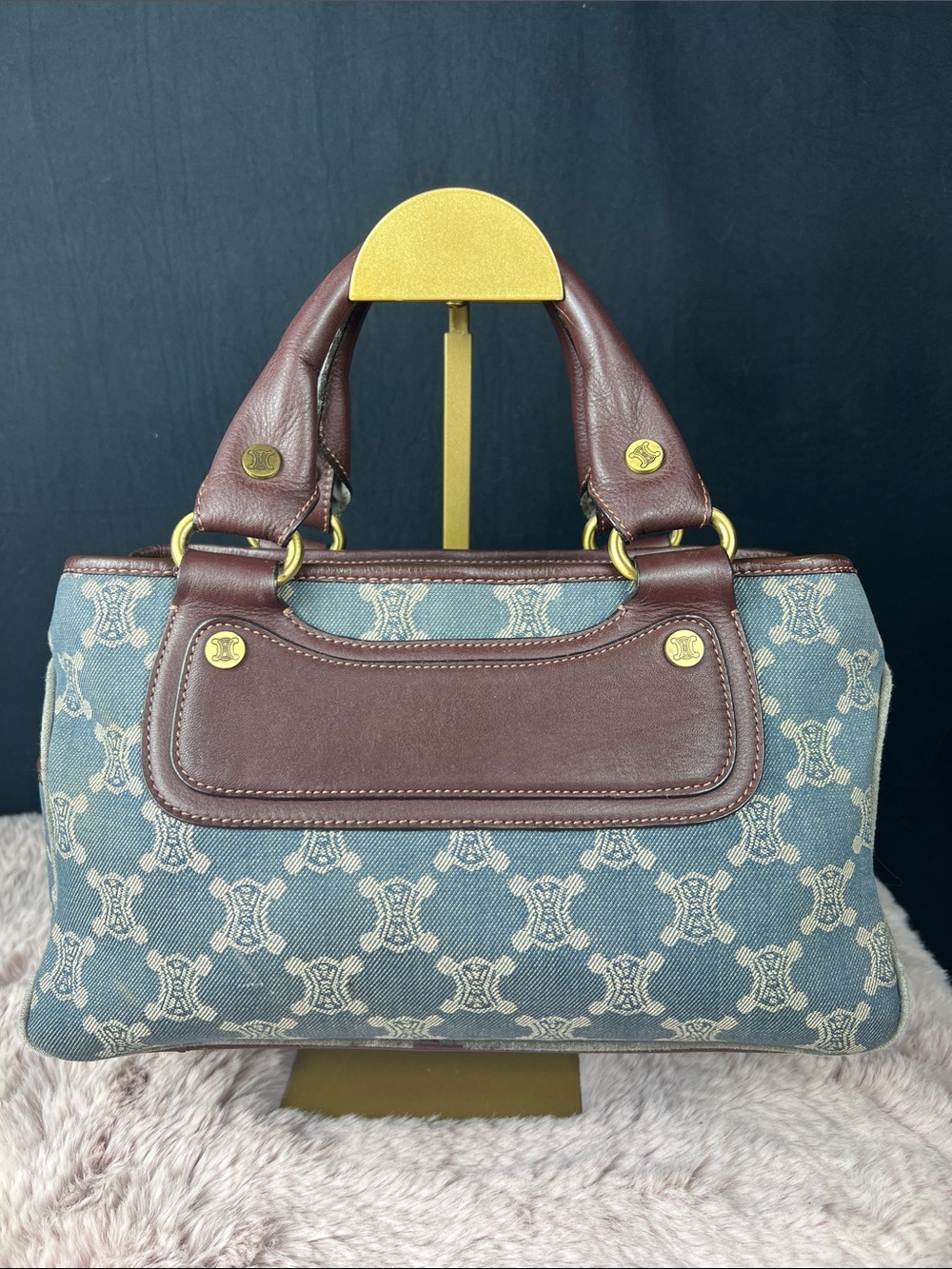 Celine Vintage Denim Macadam Boogie Bag Blue Jacquard Leather Satchel